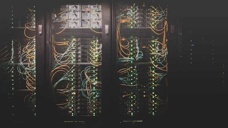 Corredor de data center com racks de servidores iluminados